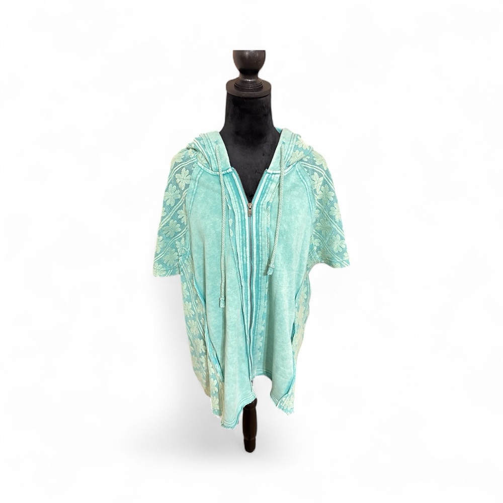 Aqua Hooded Top with Floral Design